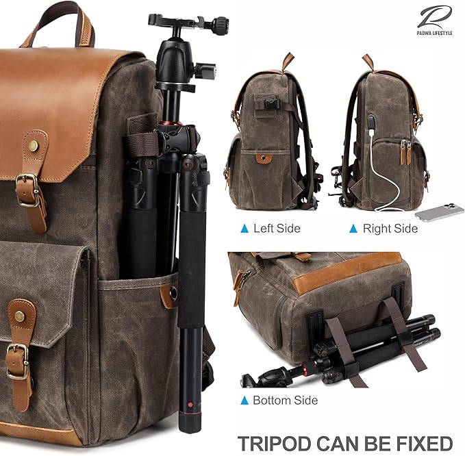 Padwa Lifestyle Coffee Camera Backpack - Weather Resistant Waxed Memory Canvas Camera Backpacks for Photographers,Multi DSLR SLR Camera Bag with 16” Laptop & Lens Compartment and Tripod Holder