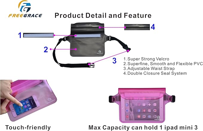 Freegrace Waterproof Pouches with Waist Strap / Pouch Case Bundle Set- Keep Your Phone & Valuables Dry and Safe - Waterproof Dry Bags for Boating Swimming Snorkeling Kayaking Beach Water Parks Pool