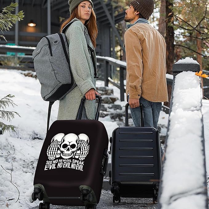 ANNA QUEEN Gothic Skull Luggage Cover, “See No Evil, Hear No Evil, Speak No Evil” Skeleton Design, Stretchable, Washable Suitcase Protector for 32-34 Inch Travel Suitcases