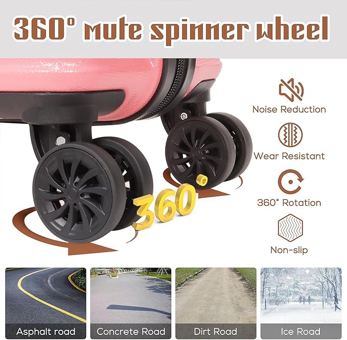 Carry on luggage 20 In suitcase with Spinner Wheels ABS & PC Hardside Luggage（Pink）
