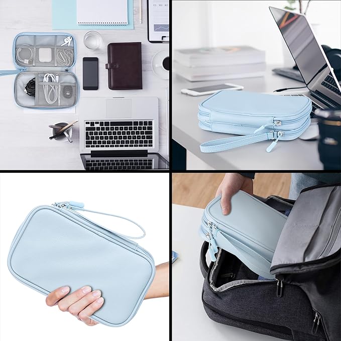 Leather Travel Electronic Organizer - Double Layer, Waterproof Case for Cables, Chargers, Phones & More - Portable, Shockproof Pouch for All Your Electronics Accessories (Light Blue, M)