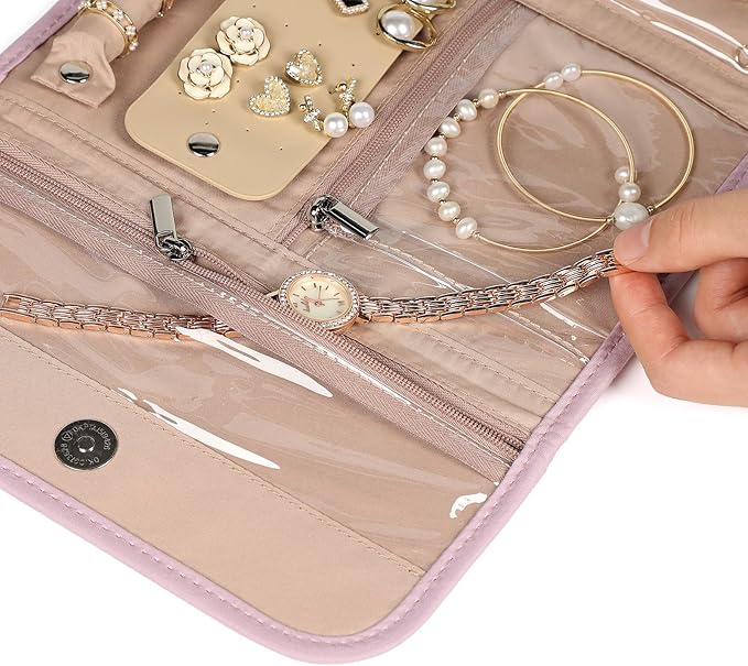 BELALIFE Travel Jewelry Case Organizer, Foldable Storage Roll for Earrings, Necklaces, Rings, Bracelets, Brooches, Peach Pink