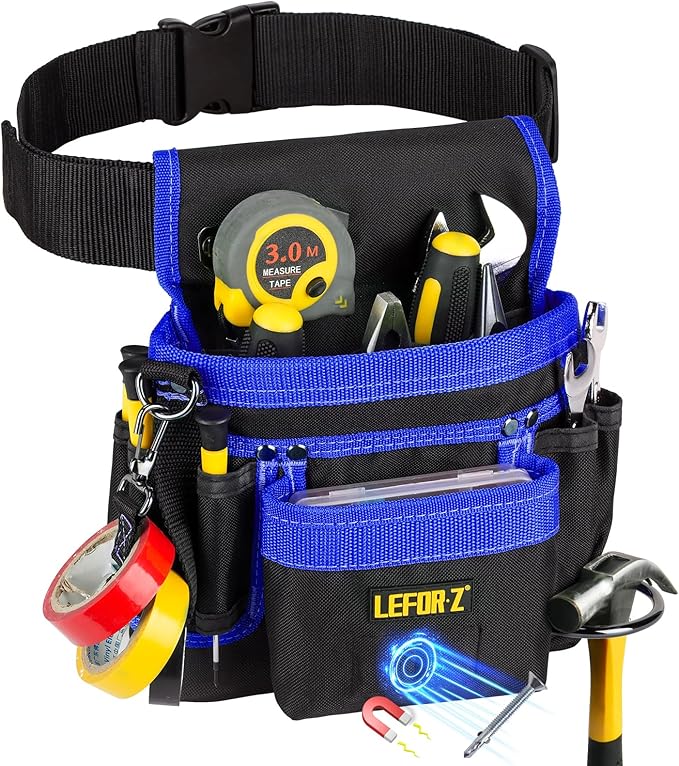 Tool Belt,Magnetic Tool Pouch,14-Pockets Tool Belts for Men,Detachable & Adjustable Tool Pouch belt for Electrician,Carpenter,Construction,Work Apron,Utility Belt,Black-Blue