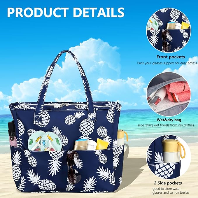 LEDAOU Large Beach Tote Bag Women Waterproof Sandproof Zipper Beach Tote Bag for Pool Gym Grocery Travel with Wet Pocket