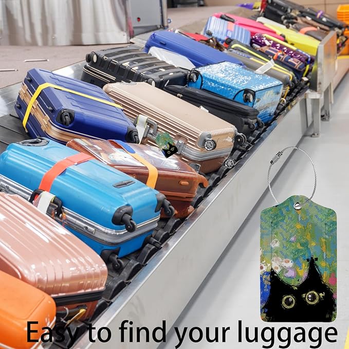 Oil Painting Black Cat 2 Pcs Luggage Tags,Privacy Cover ID Label with Stainless Steel Loop and Address Card for Travel Bag Suitcase
