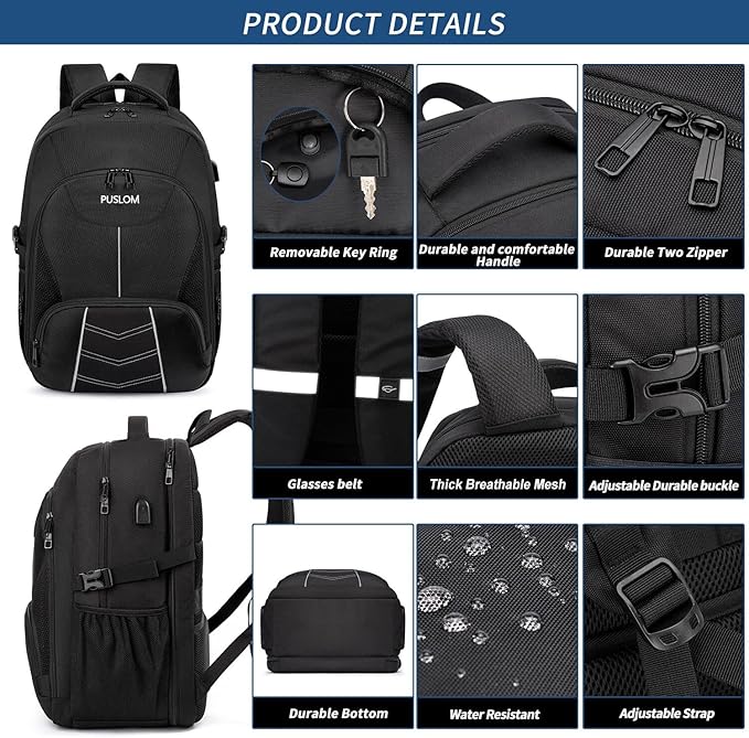 Extra Large Backpack for Men 55L,18.4Inch Travel Laptop Backpack with USB Charging Port Business Flight Approved Carry On Backpack,TSA Big Capacity Heavy Duty Computer Bag College Bookbag,Black