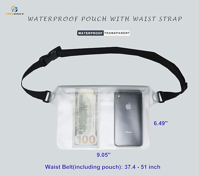 Freegrace Waterproof Pouches with Waist Strap / Pouch Case Bundle Set- Keep Your Phone & Valuables Dry and Safe - Waterproof Dry Bags for Boating Swimming Snorkeling Kayaking Beach Water Parks Pool