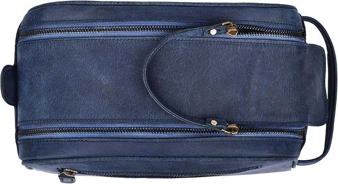 LEATHER VILLAGE Premium Leather Toiletry Travel Pouch With Waterproof Lining - Blue | King-Size Handcrafted Vintage Dopp Kit Bag