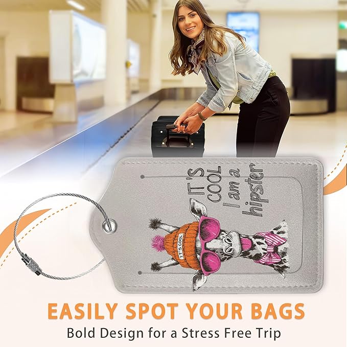 Funny Hipster Giraffe 3 Pack PU Leahter Luggage Tag with Stainless Steel Loop, Cool Cartoon Giraffe Travel Suitcase Labels with Privacy Cover ID Label Quickly Spot for Bags