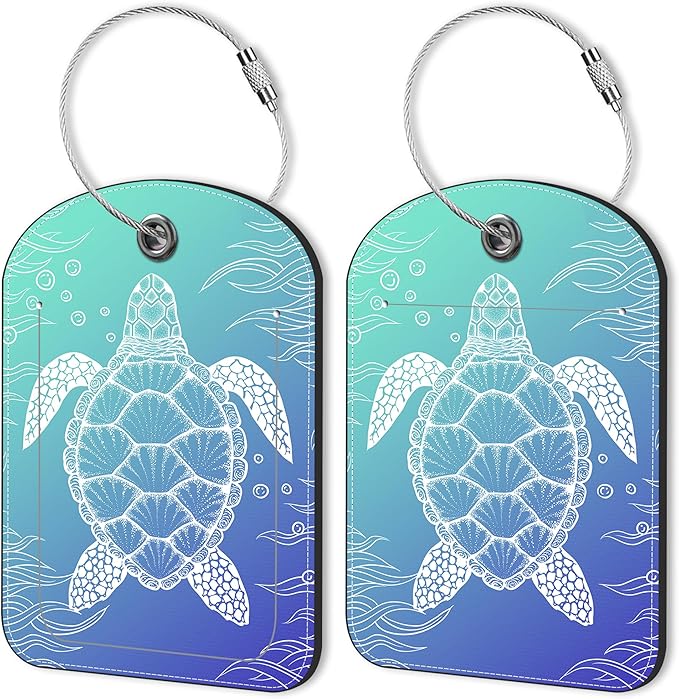 2 Pack Luggage Tag for Suitcase Turtle Leather Suitcase Tags with Privacy Name ID Label and Stainless Steel Loop for Travel Bag
