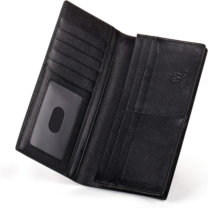 VISOUL Mens Leather Long Checkbook Bifold Wallets with RFID Blocking, Carbon Fiber Leather Tall Wallets for Men (Black+Black)