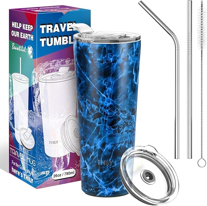 THILY Tumbler Stainless Steel Coffee Cup 26 oz Triple-Insulated Wide Mouth Travel Mug with Splash-Proof Lid, for Iced Drinks and Hot Beverage Smoothies Cup, Abysmal Sea