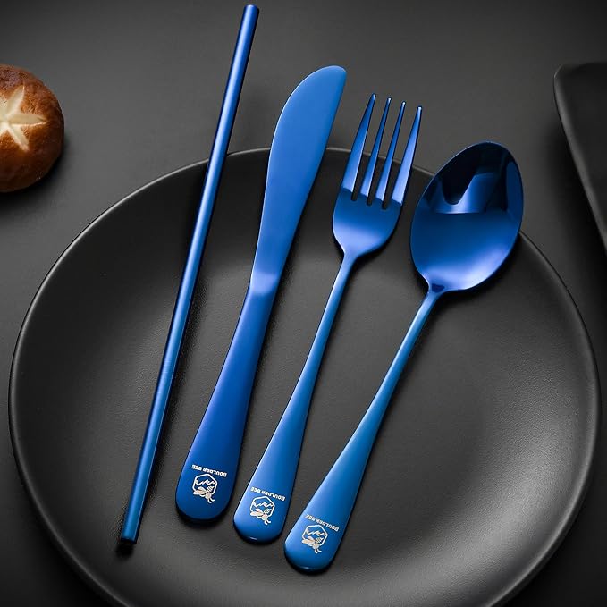 Boulder Bee | Travel Utensils Set | Reusable Camping Cutlery Set | Stainless Steel Flatware Set | Portable Silverware Set with Case | Includes Knife/Fork/Spoon/Straw/Cleaning Cloth/Case (Blue)