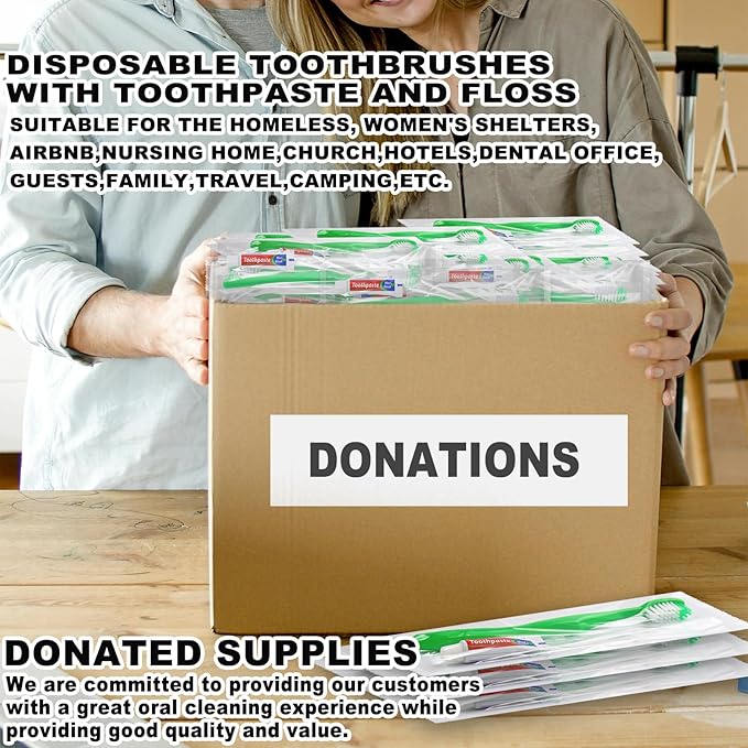 Disposable Toothbrushes with Toothpaste and Floss,10Pcs Green Single Use Individually Wrapped Disposable Travel Toothbrushes and Dental Floss Kit Bulk for Homeless,Airbnb,Hotel,Dentist