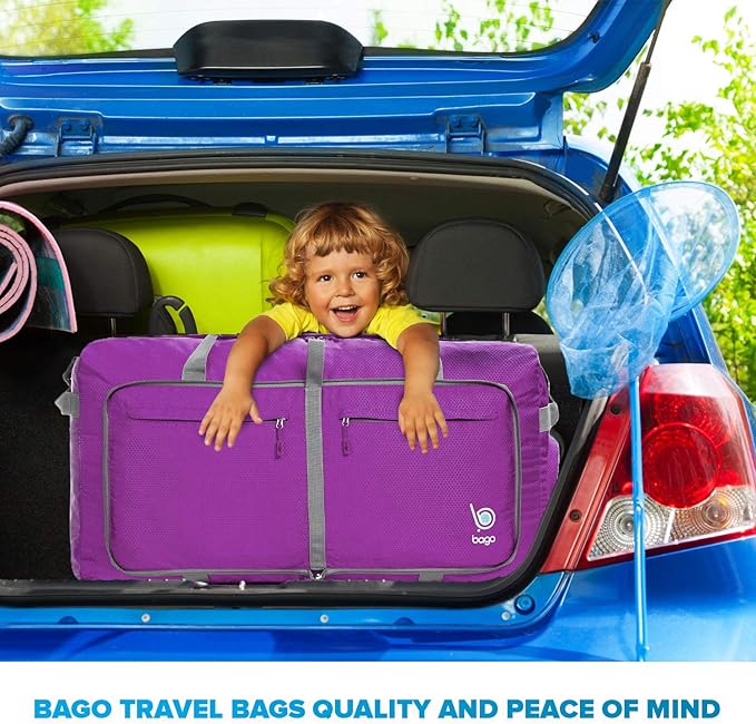 Bago Large Foldable Duffel Bags for Traveling Women & Men - 120L Packable Duffle Bag for Travel with Shoe Compartment - Water Repellant, Heavy Duty, Lightweight Folding & Collapsible (Purple)