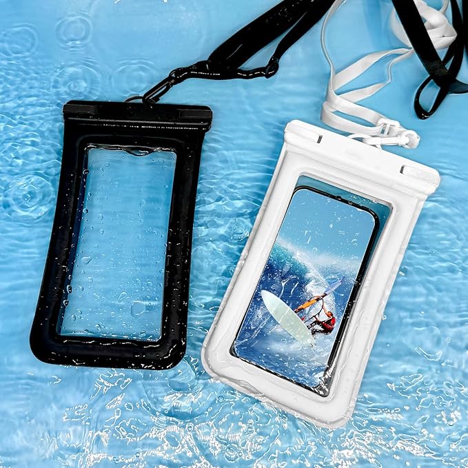 IPX8 Floating Waterproof Phone Pouch 2-Pack,7.2 Inch Waterproof Pouch for iPhone16/15/14 Pro Max Galaxy S24/S23 Adjustable Lanyard + Wrist Strap Beach Swimming Travel Essentials Black White