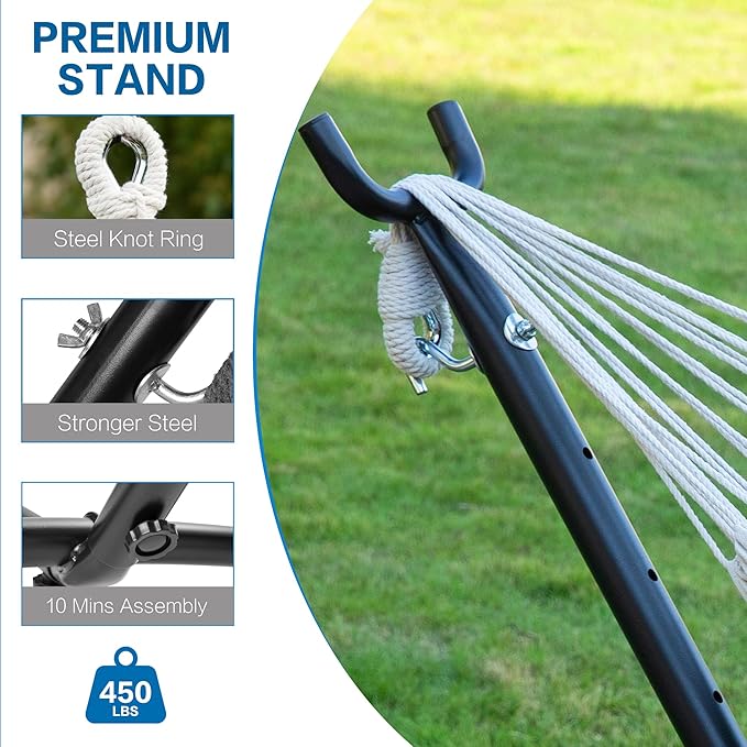 PNAEUT Double Hammocks with Stand for Outside, Portable Space Saving Heavy-Duty Steel Stand for Indoor Outdoor Patio with Carrying Bag, 450 lbs Capacity (Tropical)