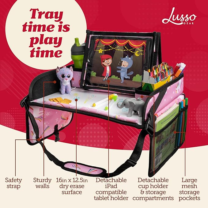 Lusso Gear Car Seat Travel Tray for Toddlers - Pink Unicorn, 600D Oxford Cloth - Dry Erase Activity Table & Tablet Holder - Airplane Tray Table Cover for Kids & Road Trip Essential
