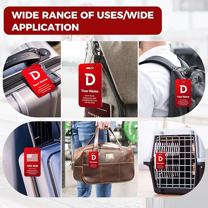 Personalized Luggage Tags, Custom Luggage Tags 4 Pack TSA Approved Double Sided Laser Engraving, Metal Luggage Tag for Suitcases with Stainless Loops, Name Tag for Bags, Backpacks (Red)