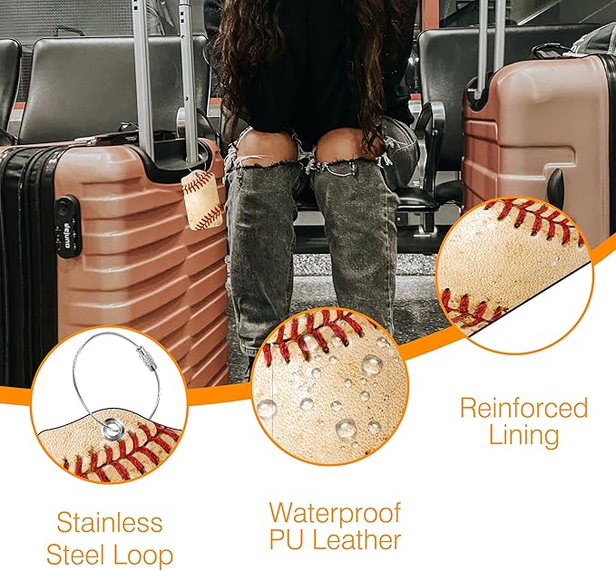Luggage Tags for Suitcase Baseball 2 PCS Leather Travel Luggage Tag with Stainless Steel Loop Name ID Label Privacy Cover for Women Men Travel