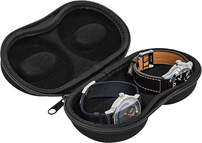Double Watch Travel Case Storage Holder Box for 2 Watches | Dual Tough Portable Protection w/Zipper Fits All Wristwatches & Smart Watches Up to 50mm (Black)