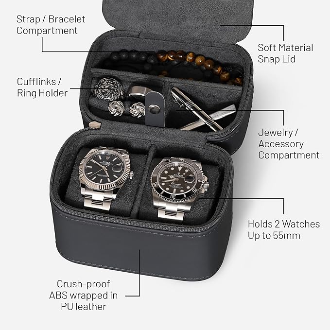 ROTHWELL 2 Watch Travel Case Storage Organizer for 2 Watches | Watch Case for Men and Women | Tough Portable Protection w/Zipper Fits All Wristwatches & Smart Watches Up to 50mm (Carbon)