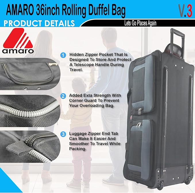 36" Rolling Duffle Bag with Wheels and Handle - Multiple Compartments/Compression Straps With Buckles