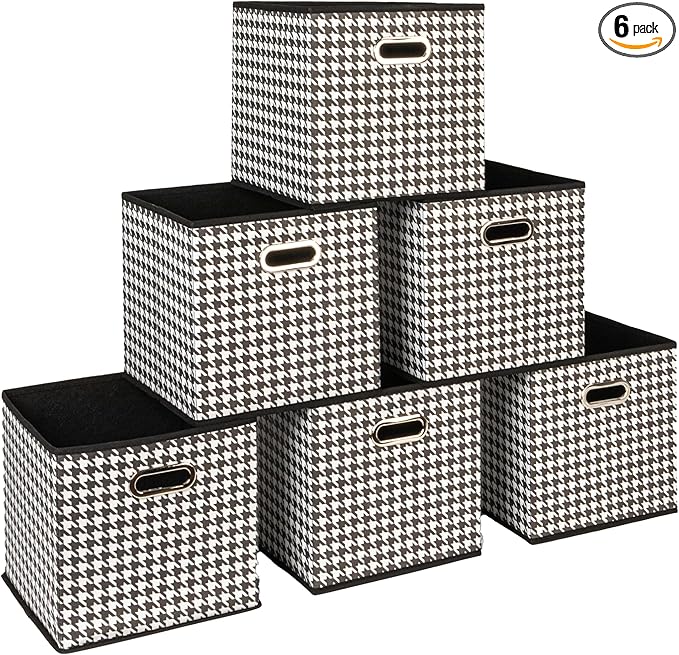 Household Essentials Fabric Storage Bins 6 Piece Set, Houndstooth White and Black