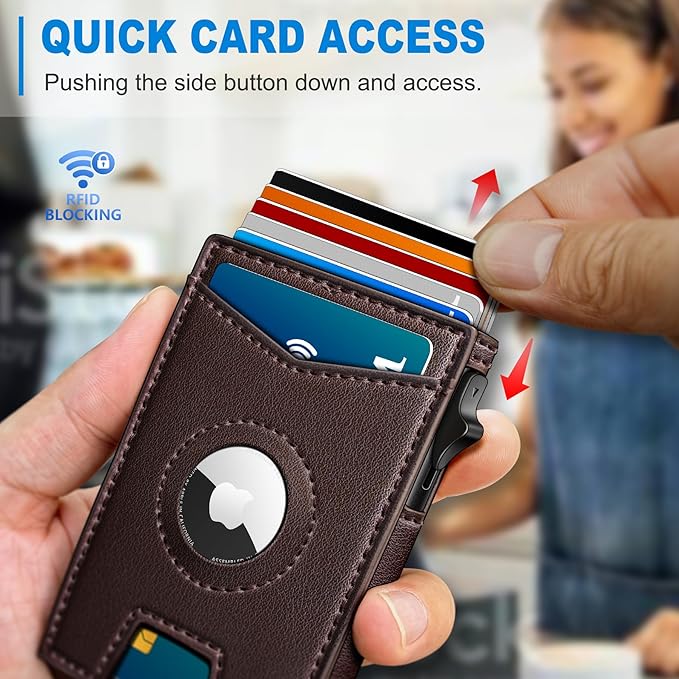 Airtag Wallet for Men,with Money Clip Gift Boxed,Slim Front Pocket Wallet RFID Blocking Metal Case Smart Pop-up Credit Card Holder in Magnetic Leather Flip
