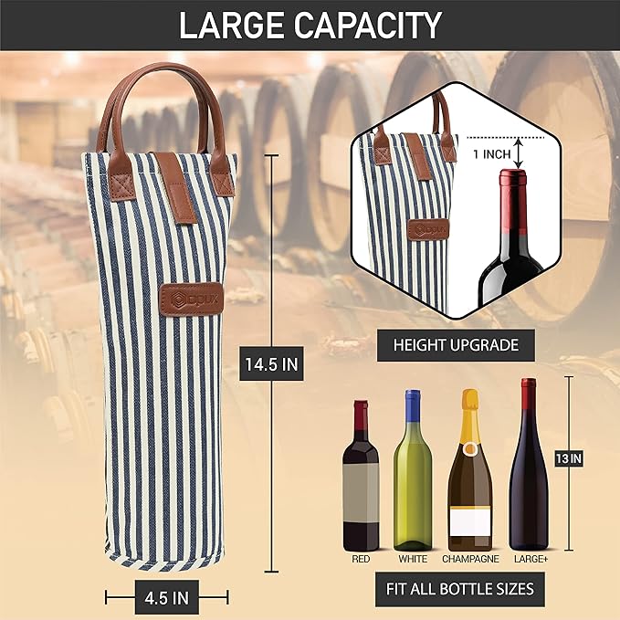 opux Wine Bag Single Bottle Carrier Tote, Insulated Travel Wine Cooler Bag for Picnic Beach Gift, Thermal Padded Portable One Bottle Holder Carrying Case for Women Men Wine Lovers, Navy White Stripes