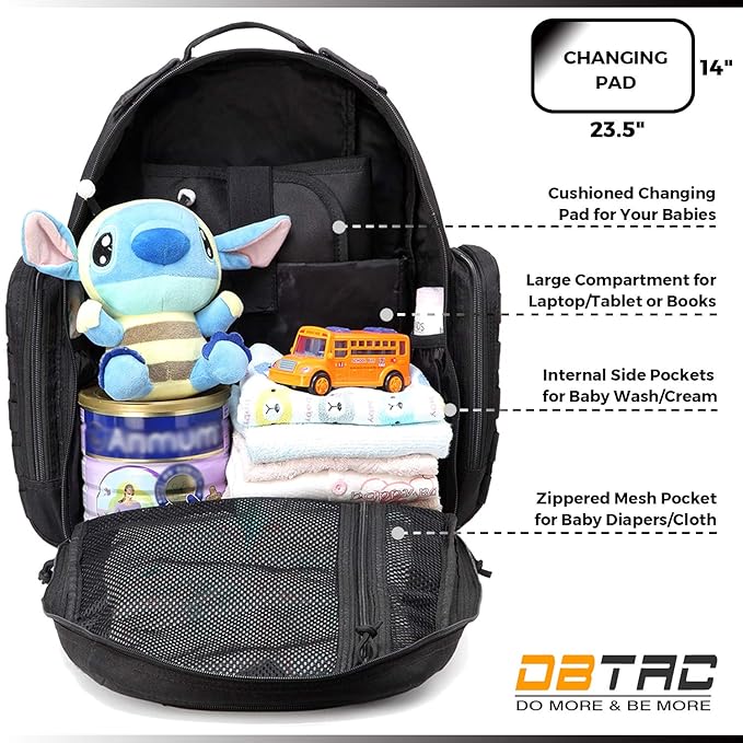 Diaper Bag Backpack for Dad, DBTAC Large Baby Nappy Bag for Men w/Changing Mat, Insulated+Wipe Pockets, Stroller Straps, Black