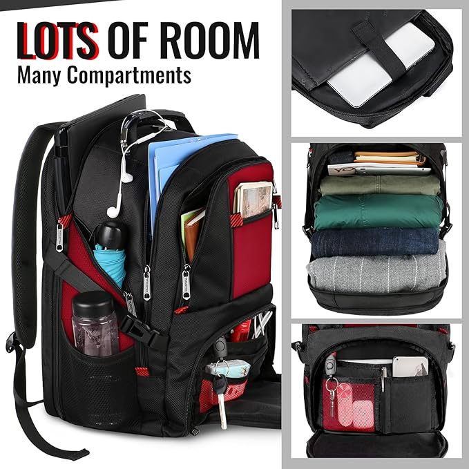 YOREPEK Travel Backpack, Extra Large 50L Laptop Backpacks for Men Women, Water Resistant College Backpack Airline Approved Business Work Bag with USB Charging Port Fits 17 Inch Computer, Bright Red