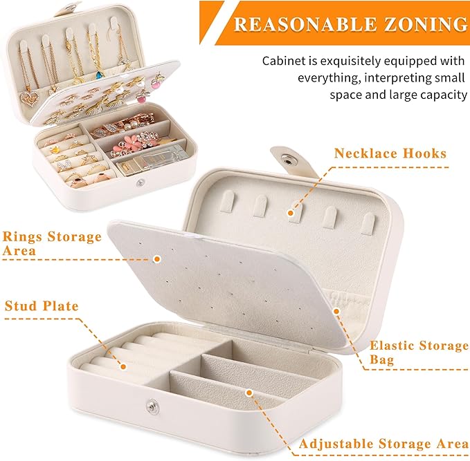 Travel Jewelry Box, PU leather Small Jewelry Organizer For Female Girls, double layer portable mini travel case for storing earrings, rings, necklaces.(Bright White)