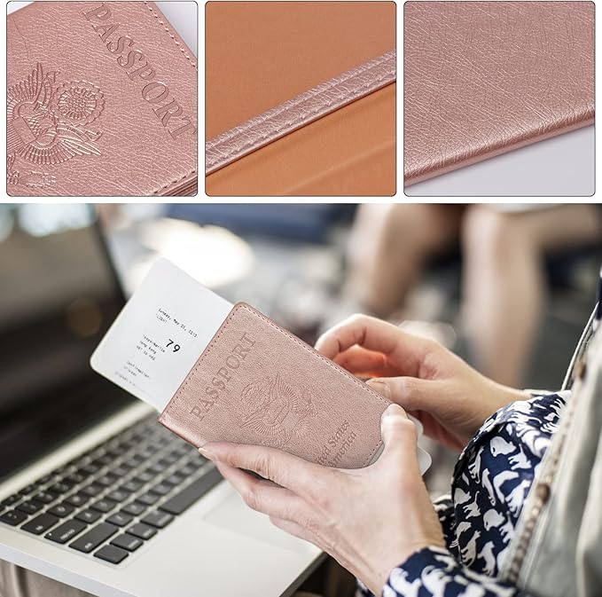 TIGARI Passport Holder for Travel Women Men, PU Leather Passport Wallet Cover Case Sleeve, Waterproof Protected Document Organizer, Family Vacation Plane Cruise Travel Essentials-Pink