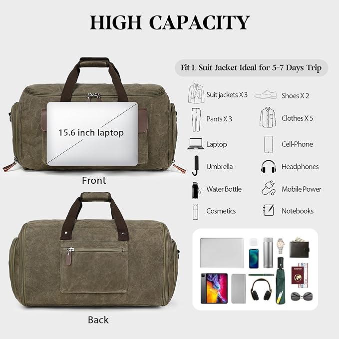 Waxed Canvas Garment Bags for Travel, Convertible Carry On Garment Duffel Bag for Men Women, 2 in 1 Suit Bag Hanging Suitcase Business Travel Bag with Shoe Compartment (Vintage Grey, XL)
