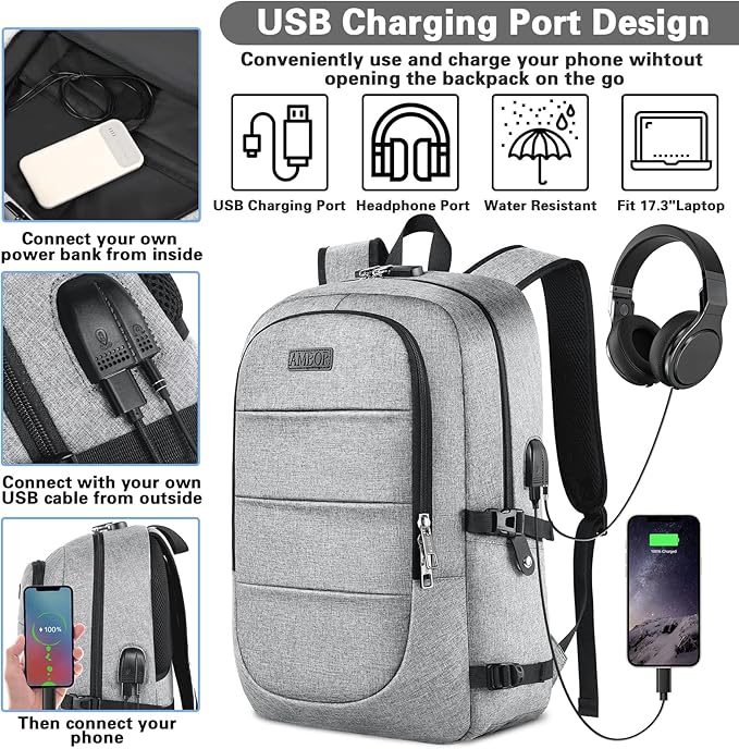AMBOR Travel Laptop Backpack, 15.6-17.3 inch Anti Theft Business Laptop Backpack with USB Charging Port and Headphone Interface, Backpack for Men & Women, Grey
