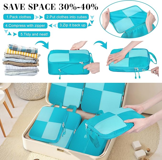 8 Set Compression Packing Cubes Travel, Lightweight Expandable Travel Cubes Suitcase Organizer for Carry On Luggage Suitcase, Turquoise