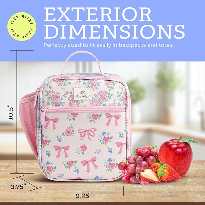 Itzy Ritzy Toddler Lunch Box - Kids Lunch Bag is Insulated and Includes Water Bottle Holder Plus 2 Pockets - Durable, Easy to Clean Lunch Box Toddler Bag (Ribbons & Roses)