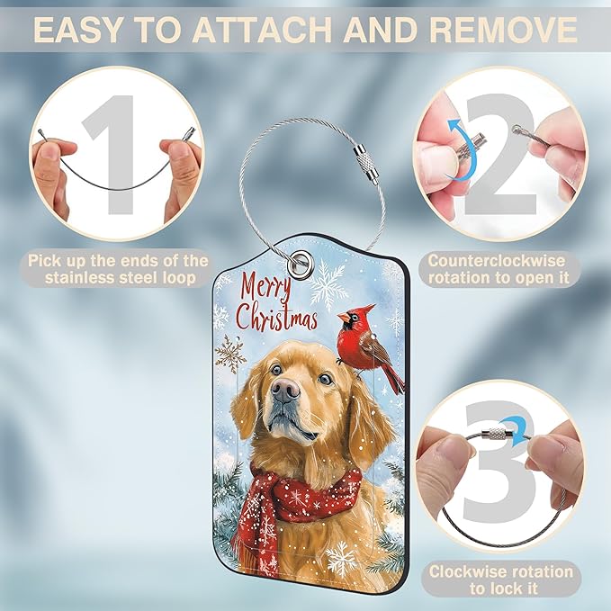 Christmas Dog and Red Cardinal Bird Set of 2 Luggage Tags for Suitcases Leather Suitcase Tags Identifiers with Privacy Name Label and Stainless Steel Loop for Women Men Travel Luggage Accessories