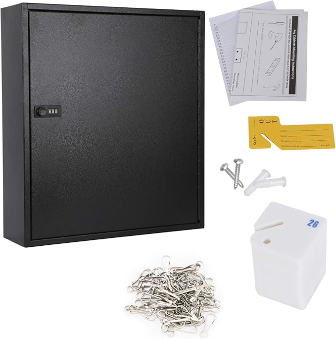 KYODOLED Key Cabinet Lock Box with Code, Wall Mount Key Storage Box with Combination Lock, Hooks & Labels, (Black, 200 Key)