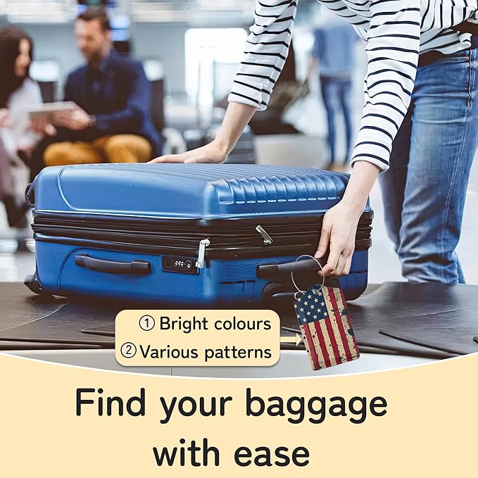 3 Pack PU Retro American Flag Leahter Luggage Tag with Stainless Steel Loop,Travel Suitcase Labels with Privacy Cover ID Label Quickly Spot for Bags