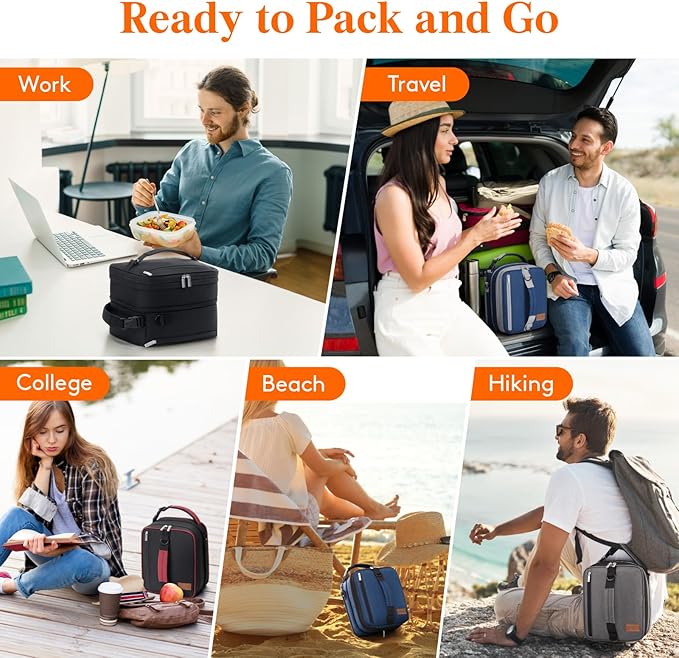 Lifewit Insulated Lunch Box for Men, Expandable Cooler Bag, Freezable Lunch Bag for Women with 2 Ice Packs and Shoulder Straps for Work Travel College, 12L Black