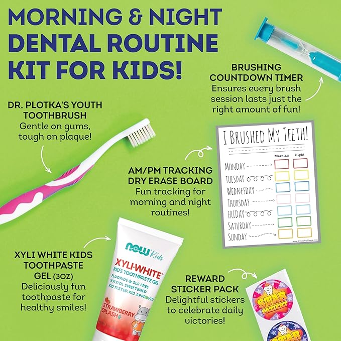 MOUTHWATCHERS Soft Kids Toothbrush, 2 Manual Flossing Toothbrushes and 2 Strawberry Fluoride Free Toothpastes, 3 oz, Gift Set, by Dr. Plotka's