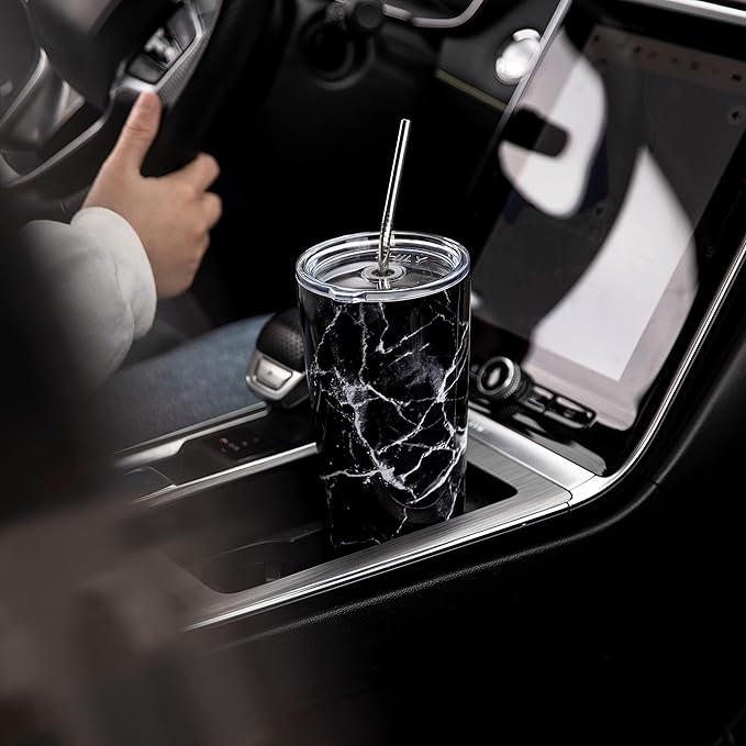 THILY Stainless Steel Vacuum Insulated Tumbler 26 oz Triple-Insulated Travel Mug with Splash-Proof Lid, for Iced Coffee and Hot Beverage, White Marble + Black Marble