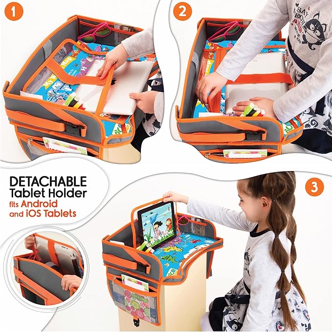 Kids Travel Tray - Waterproof Car Table with No-Drop Large Tablet Holder - Car Seat Tray - Road Trip Must Haves - Kids Lap Desk Organizer for Airplane - Toddler Travel Essentials (Orange)