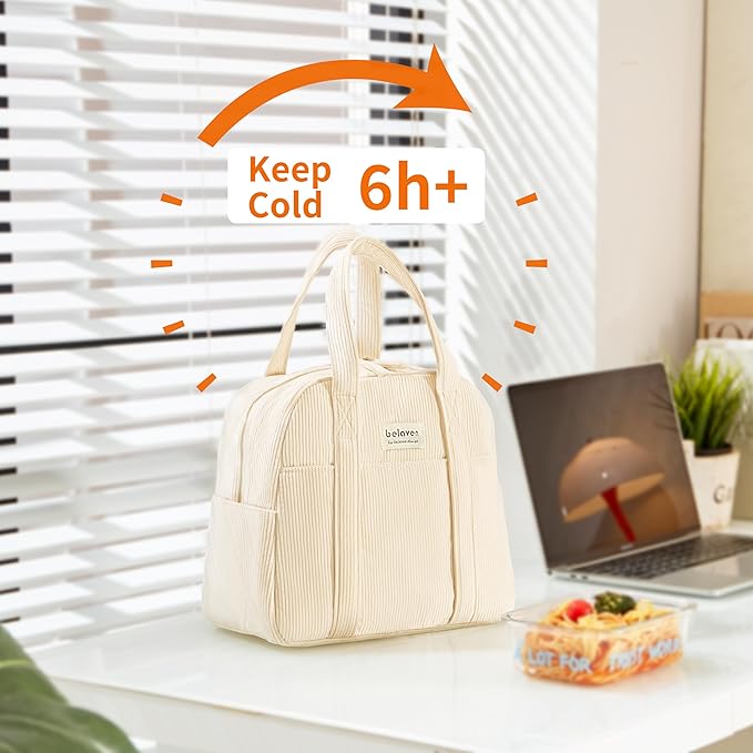 Insulated Lunch Bag for Women, 6-Hour Cold Retention Cooler Tote with Sturdy Handle, 15-Can Spacious Capacity, Leakproof Corduroy Fabric & Aluminum Foil Lining, (Beige)