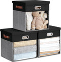 Fabric Storage Cubes with Clear Windows and Lids, 13'' Foldable Storage Bins with 3 Handles, Decorative Storage Boxes for Home, Bedroom, Closet, Office (Black&Gray)
