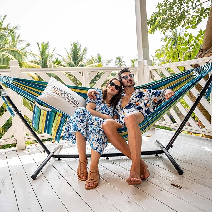 Lazy Daze Hammocks Double Hammock with 9FT Space Saving Steel Stand Includes Portable Carrying Case, 450 Pounds Capacity (Blue&Yellow)