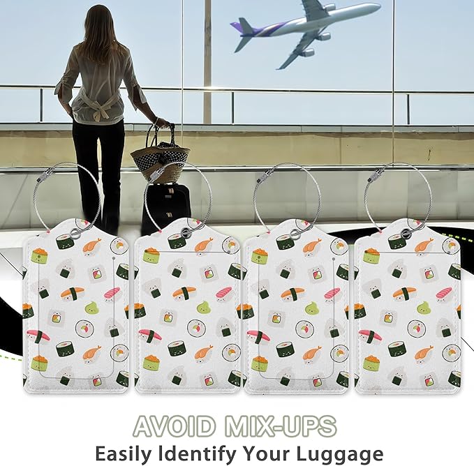 2 Pack Luggage Tags for Suitcase,Cute Funny Japanese Sushi Leather Luggage Tag Bag Tags Identifiers Privacy Cover Id Label with Steel Loop for Women Men Girls Boys Travel