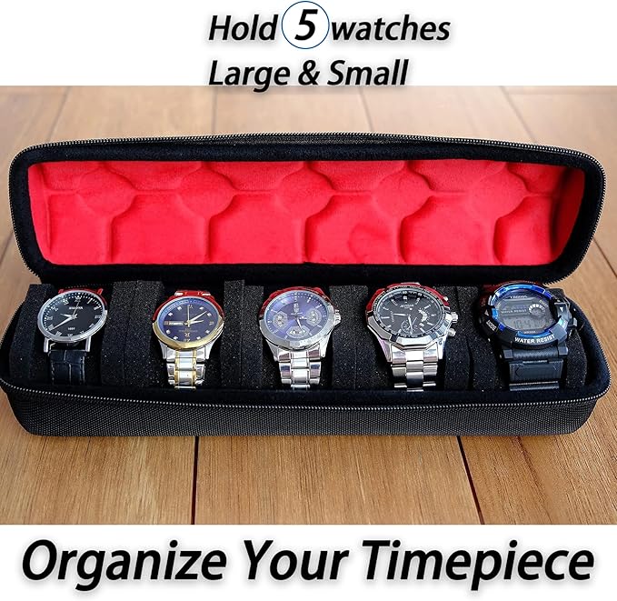 Hard 5 Slots Watch travel case with Soft Separation pillow, fit men's women's casual/sports/diving/dress/automatic watches up to 60mm sized face, with luxury red lining(case only)